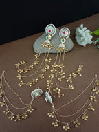Set Of 2 Gold Plated Pachi Kundan & Ghungaroo Beaded Drop Earrings With Ear Chain