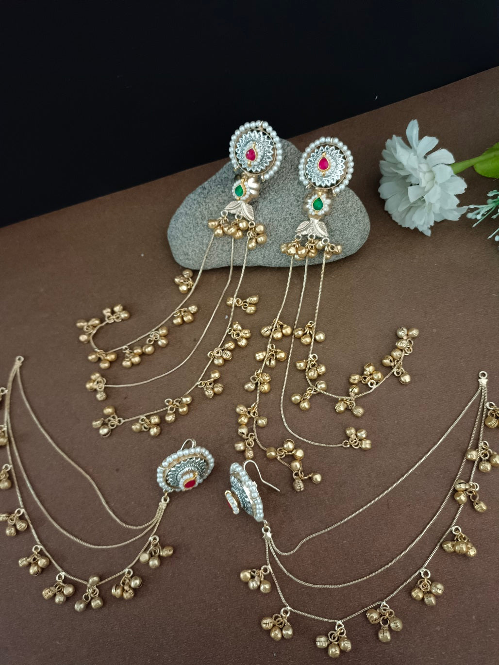 Set Of 2 Gold Plated Pachi Kundan & Ghungaroo Beaded Drop Earrings With Ear Chain