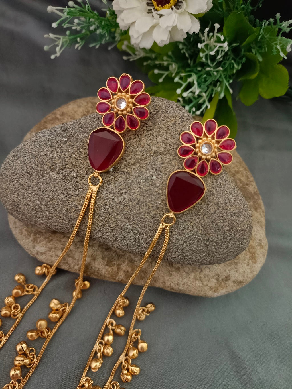 Gold Plated Kundan & Ghungaroo Beaded Kashmiri Floral Drop Earrings