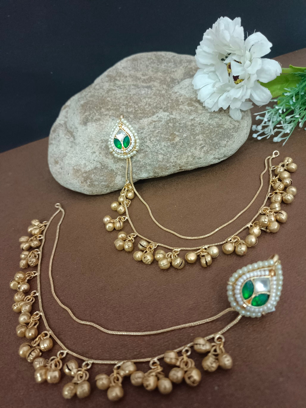 Brass Plated Pachi Kundan & Ghungaroo Studded Kashmiri Ear Cuff Earrings