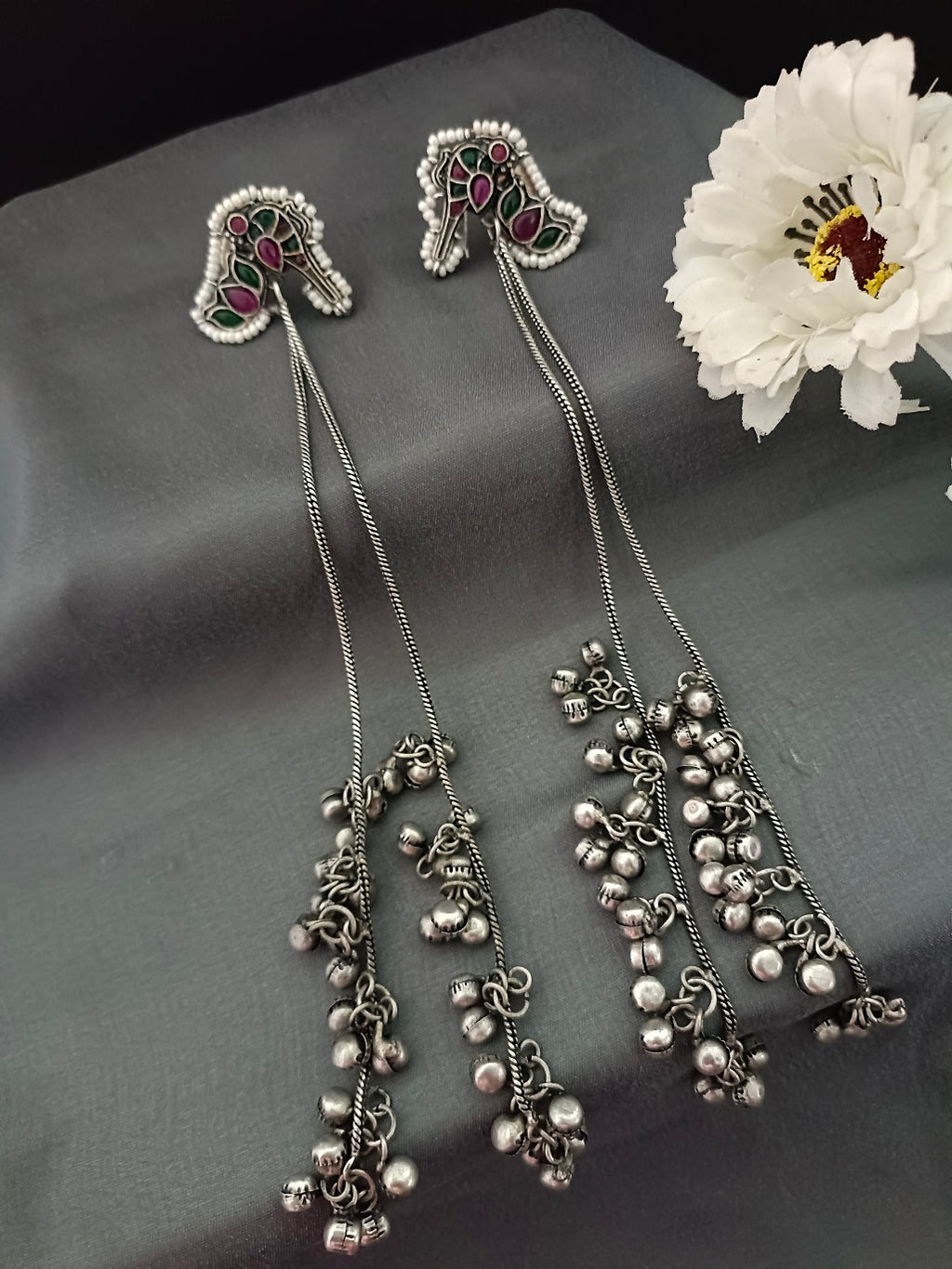 Brass-Plated Stones Studded & Ghungroo Beaded Oxidised Kashmiri Drop Earrings
