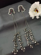 Brass-Plated Stones Studded & Ghungroo Beaded Oxidised Kashmiri Drop Earrings