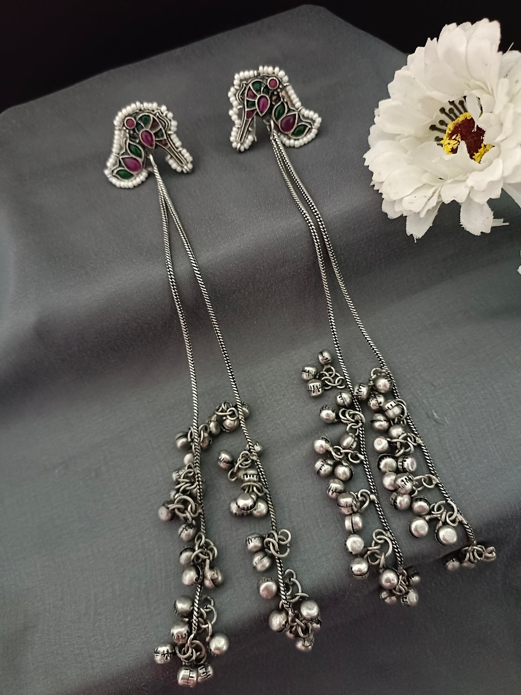 Brass-Plated Stones Studded & Ghungroo Beaded Oxidised Kashmiri Drop Earrings