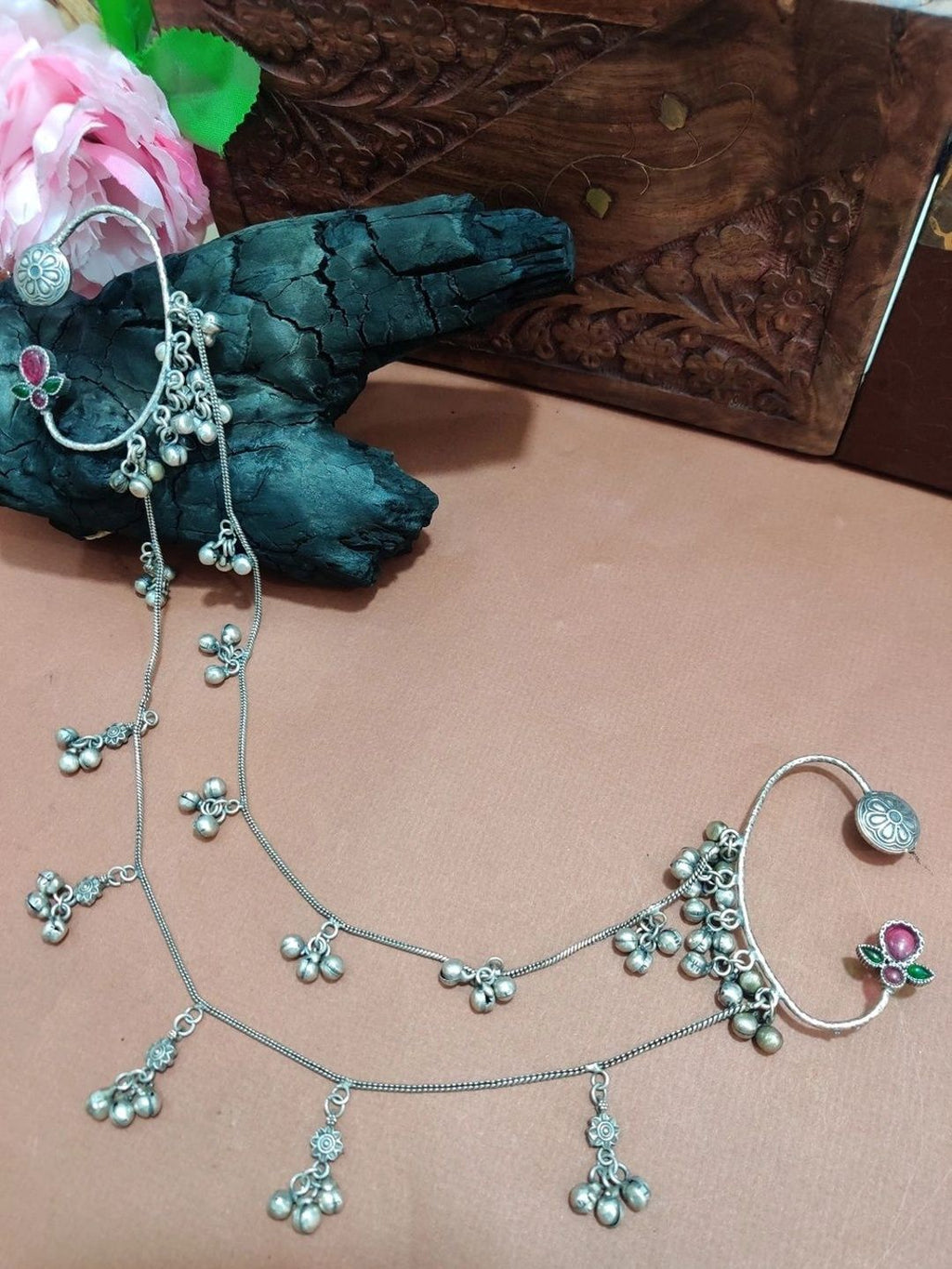 Silver-Plated Multicolour Floral Ear Cuff Earrings with Hair Chain