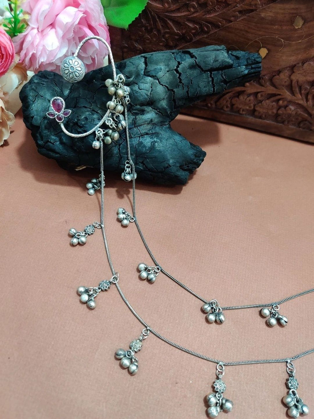 Silver-Plated Pink Floral Ear Cuff Earrings with Hair Chain