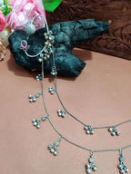 Silver-Plated Pink Floral Ear Cuff Earrings with Hair Chain