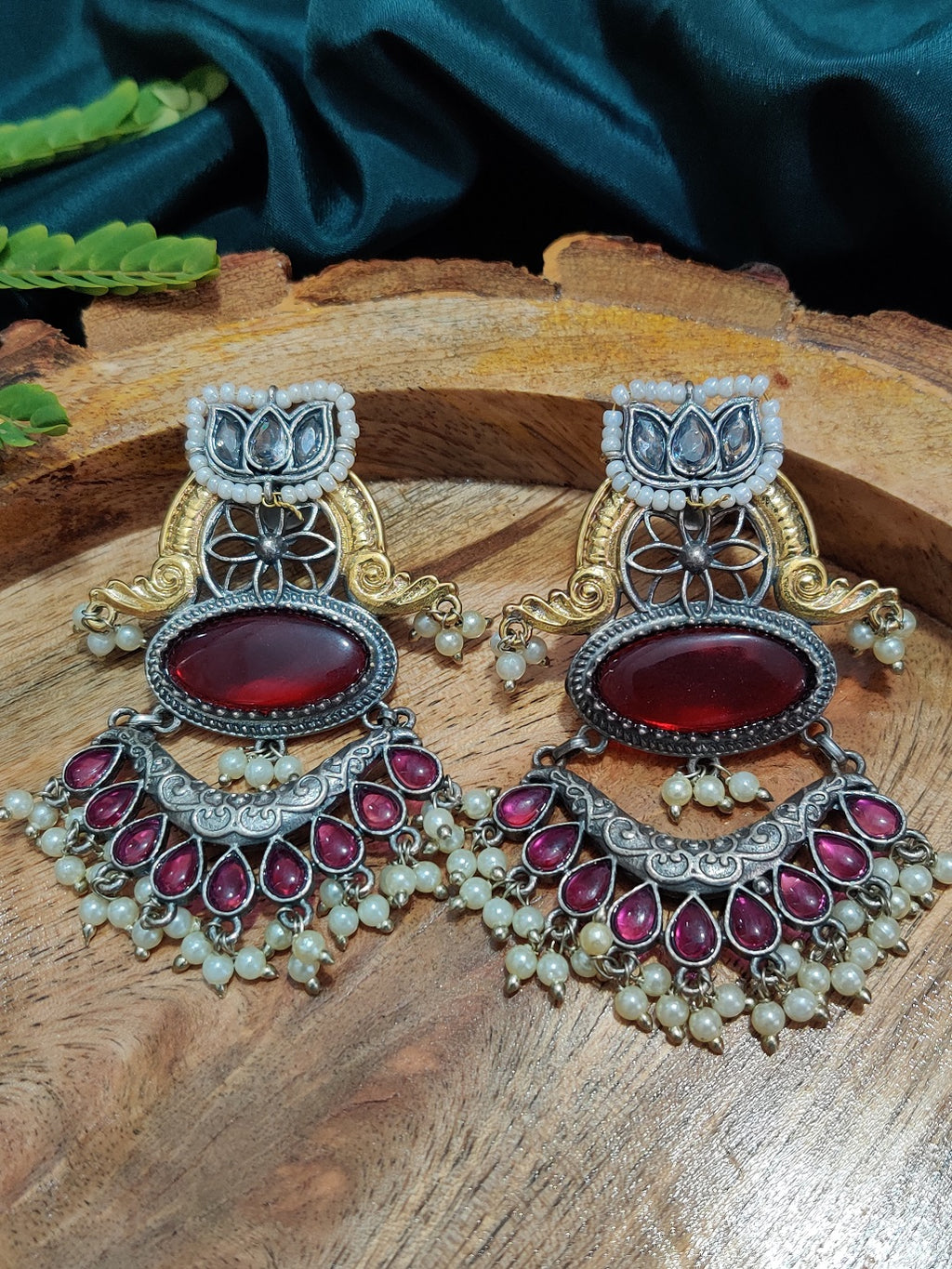 Dual Toned Oxidised Silver Plated Chanbali Lotus Earrings