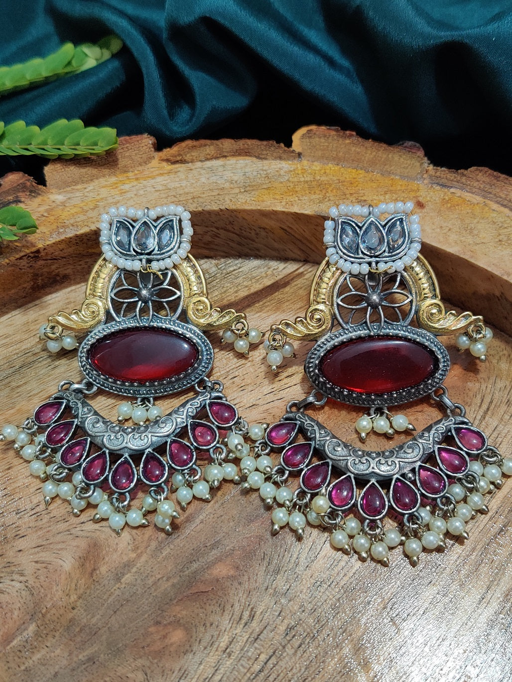 Dual Toned Oxidised Silver Plated Chanbali Lotus Earrings