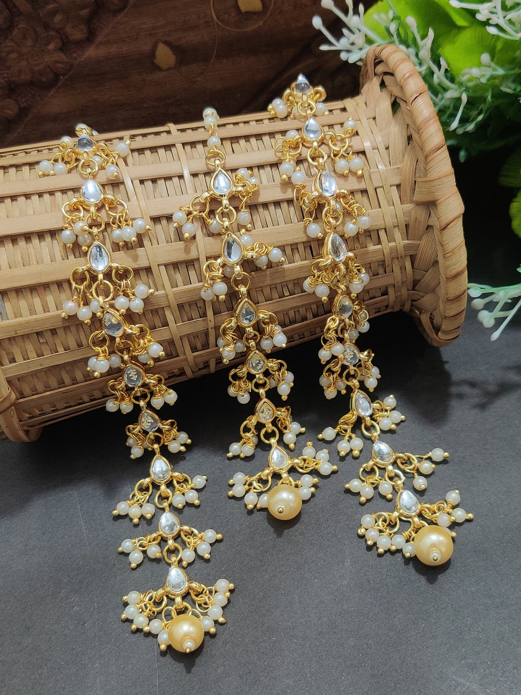 Gold Plated Kundan Studded Pear Drops Earchain Earrings and Maang Tiika Jewellery Set