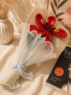 Handmade Crochet Lily Bouquet with Jute & Pearl Ribbon Wrap – Red