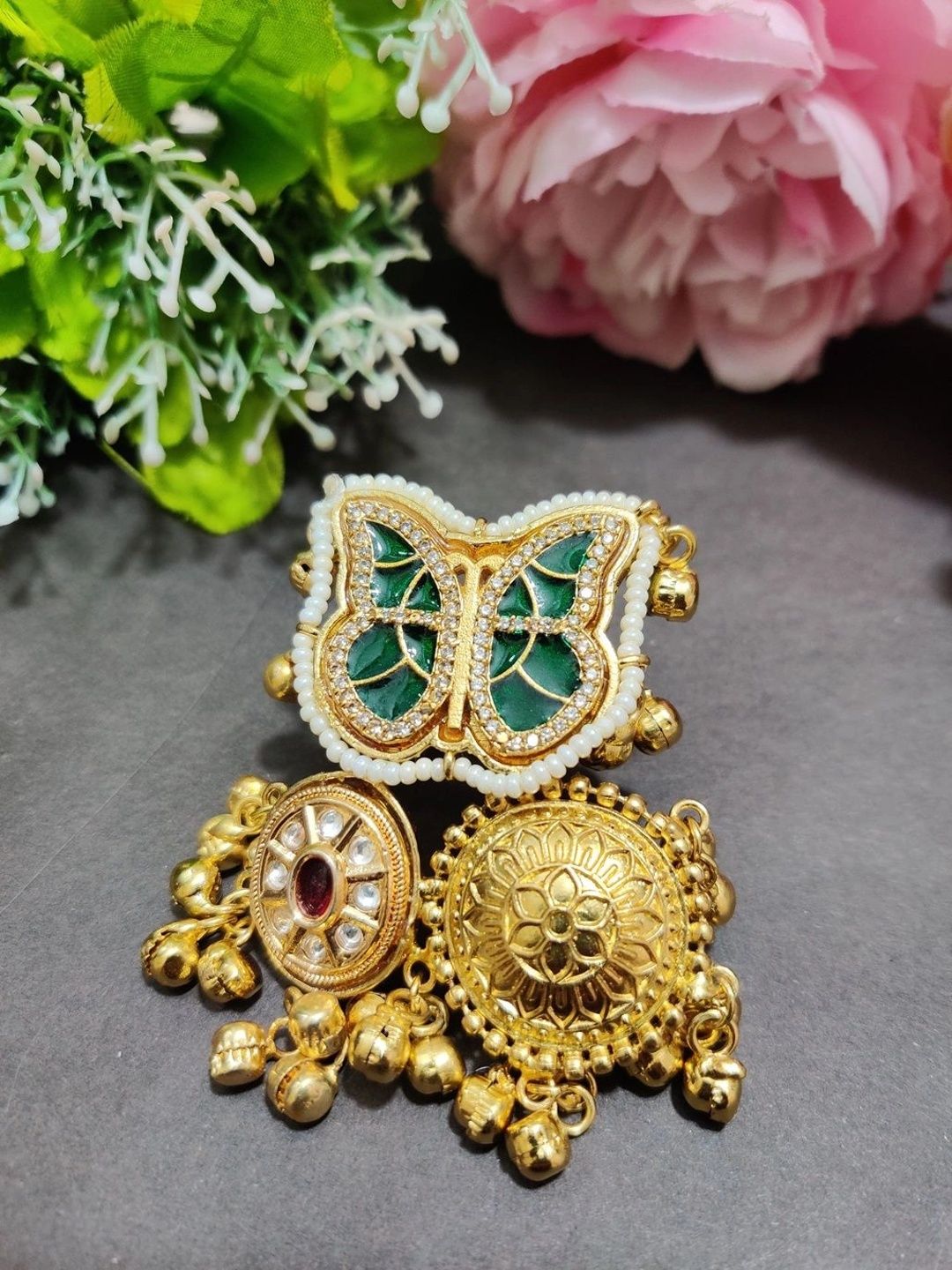 Gold-Plated Kundan Butterfly Adjustable Ghungroo Finger Ring – Green