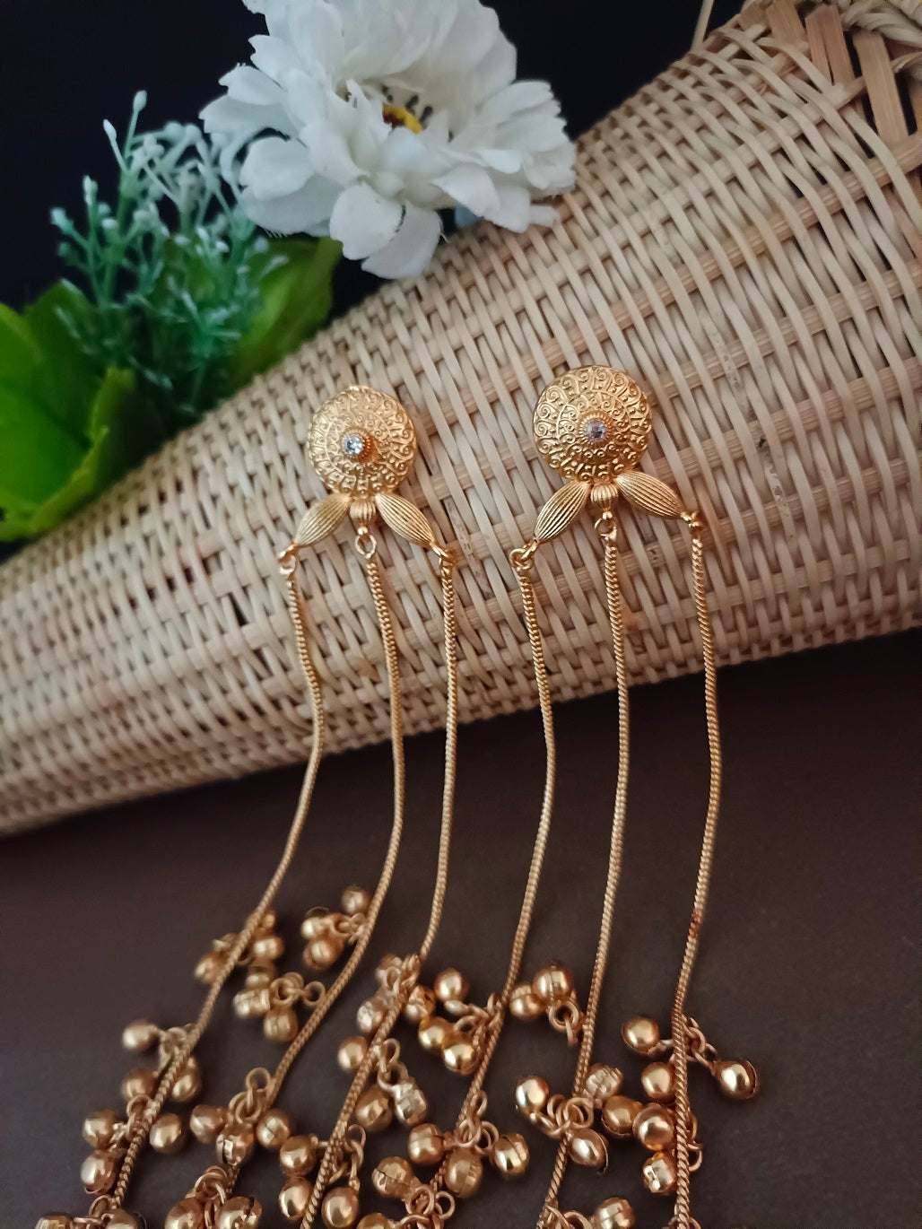 Gold Plated Kundan & Ghungaroo Beaded Kashmiri Drop Earrings