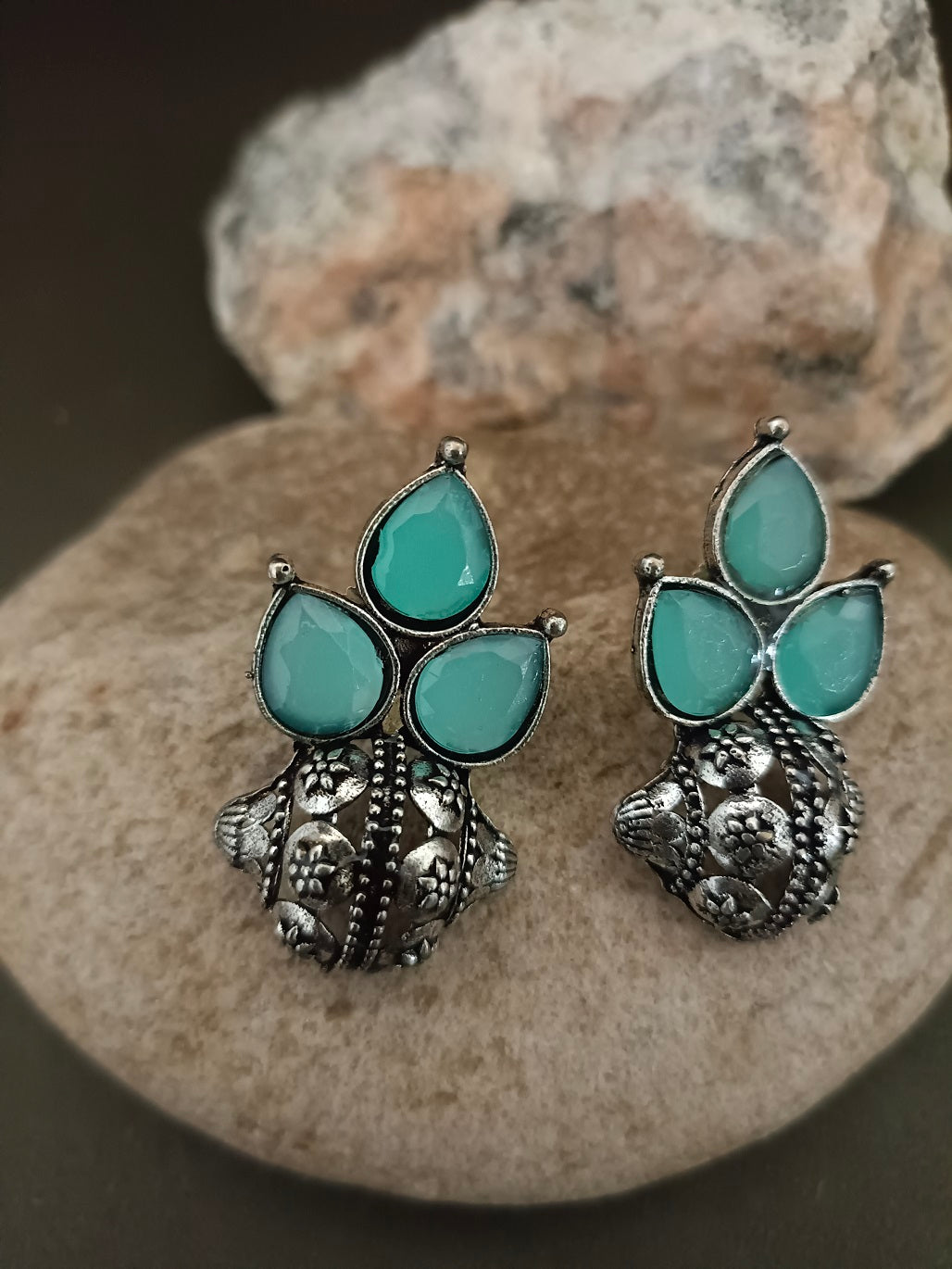 Sanjog Oxidized Silver Earring Set with Teal Stone Studs and Pearl Drops