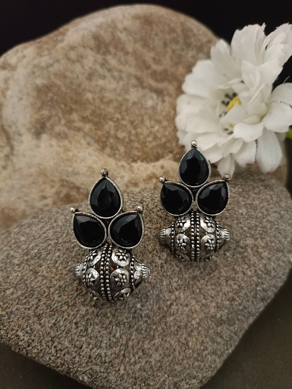 Sanjog Tribal Oxidized Silver Stud Earrings with Black Stone Cluster