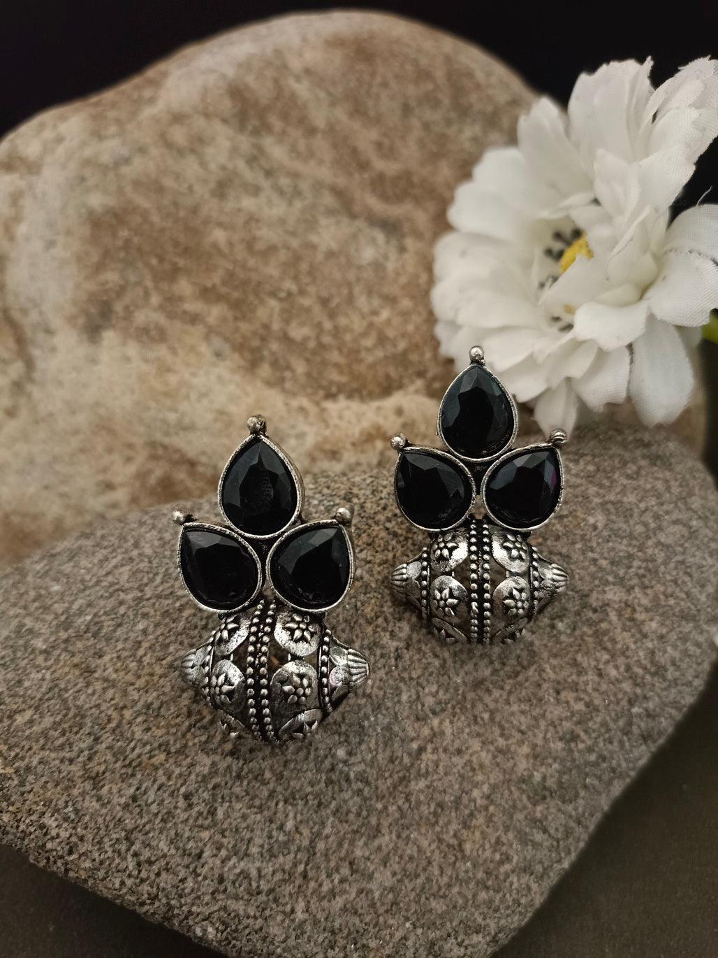 Sanjog Tribal Oxidized Silver Stud Earrings with Black Stone Cluster