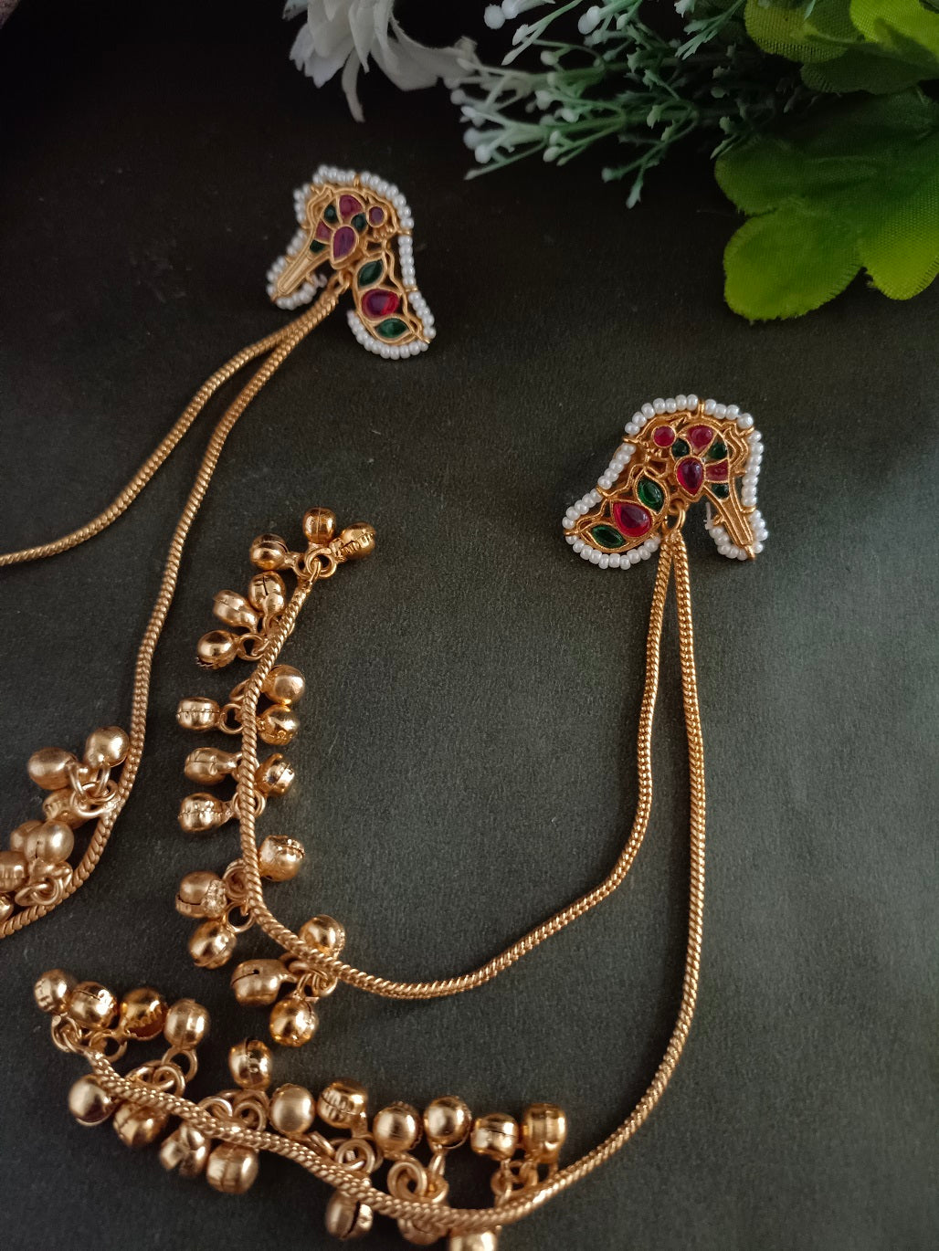 Gold-Plated Kundan Studded & Ghungroo Beaded Tasselled Peacock Drop Meenakari Earrings