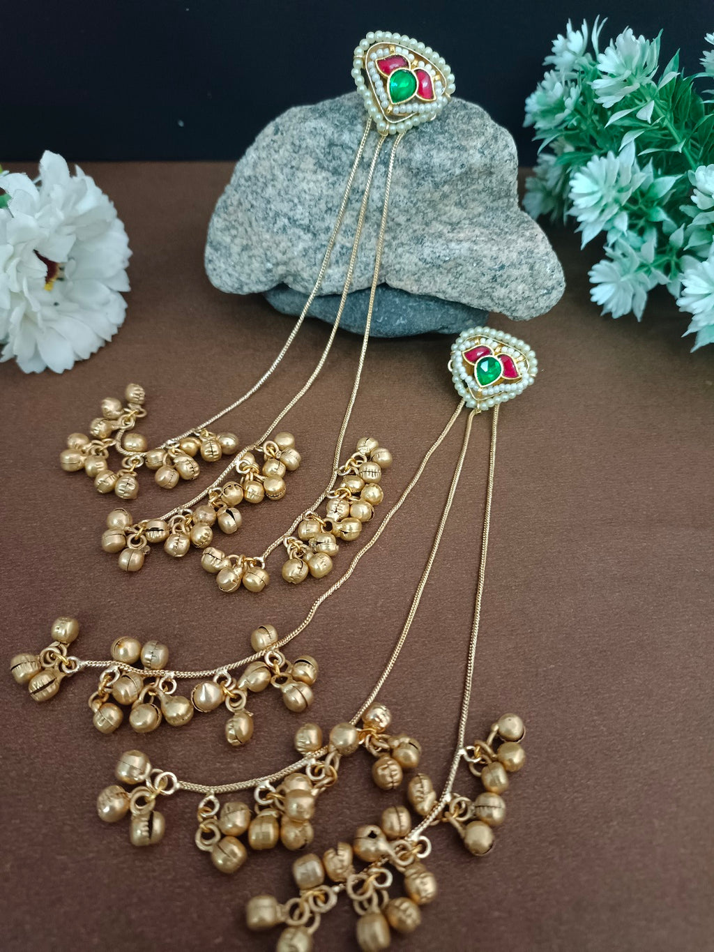Set Of 2 Brass Plated Pachi Kundan & Ghungaroo Studded Drop Kashmiri Earrings With Earchains