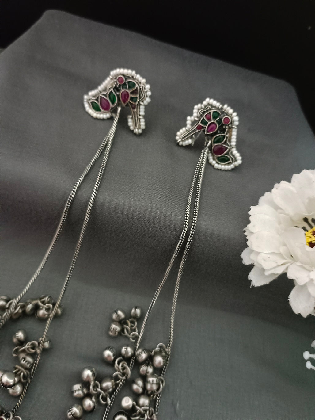 Brass-Plated Stones Studded & Ghungroo Beaded Oxidised Kashmiri Drop Earrings