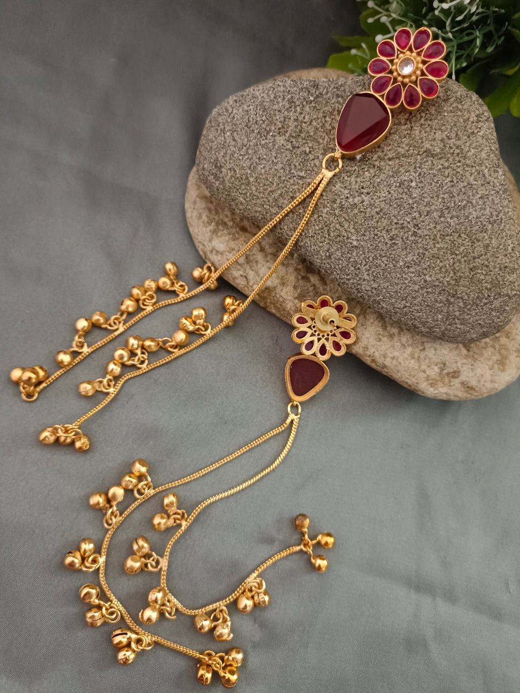 Sanjog Red Stone & Gold Toned Dangler Earrings with Ghungroo Bells Earrings