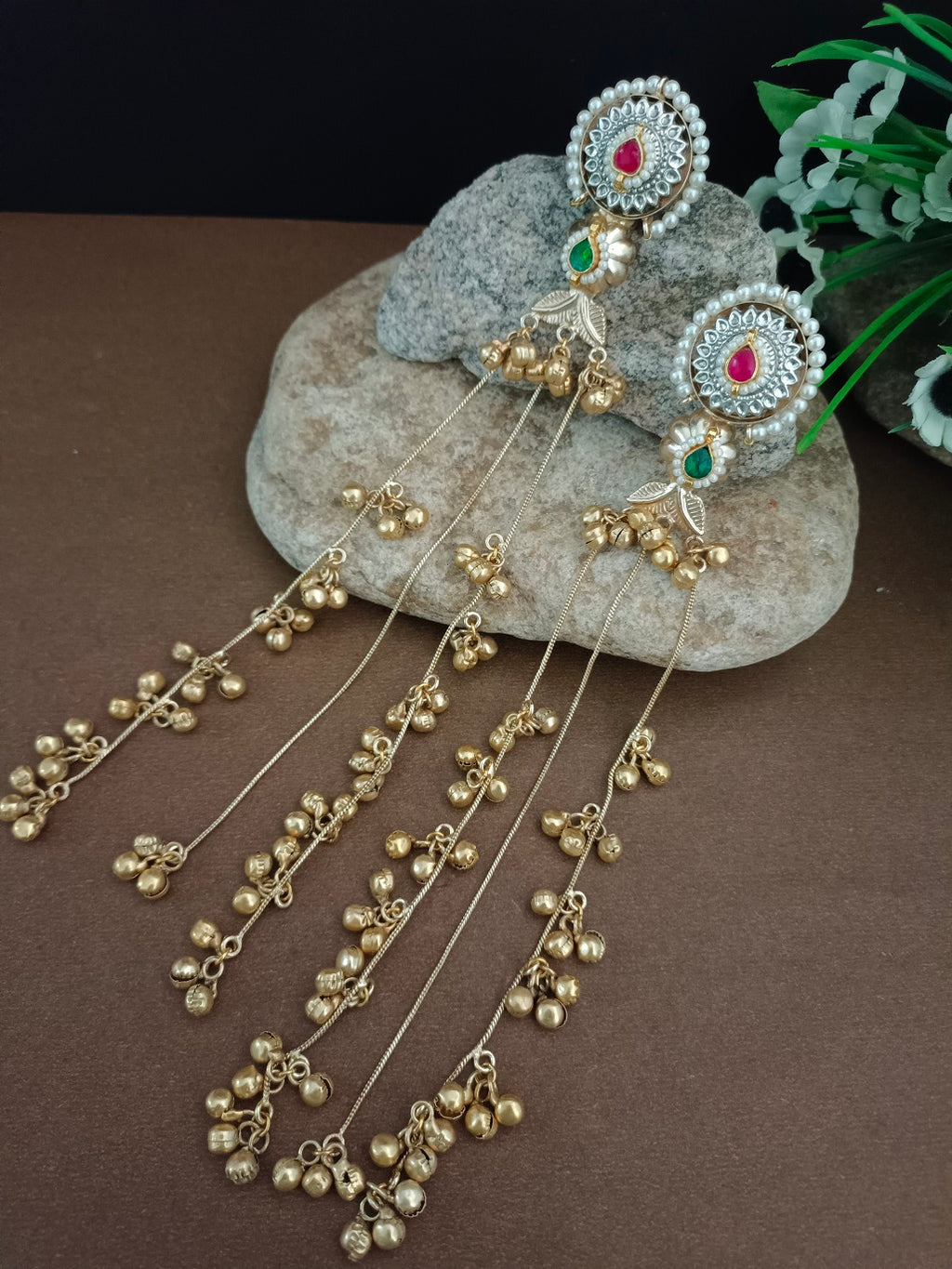 Set Of 2 Gold Plated Pachi Kundan & Ghungaroo Beaded Drop Earrings With Ear Chain