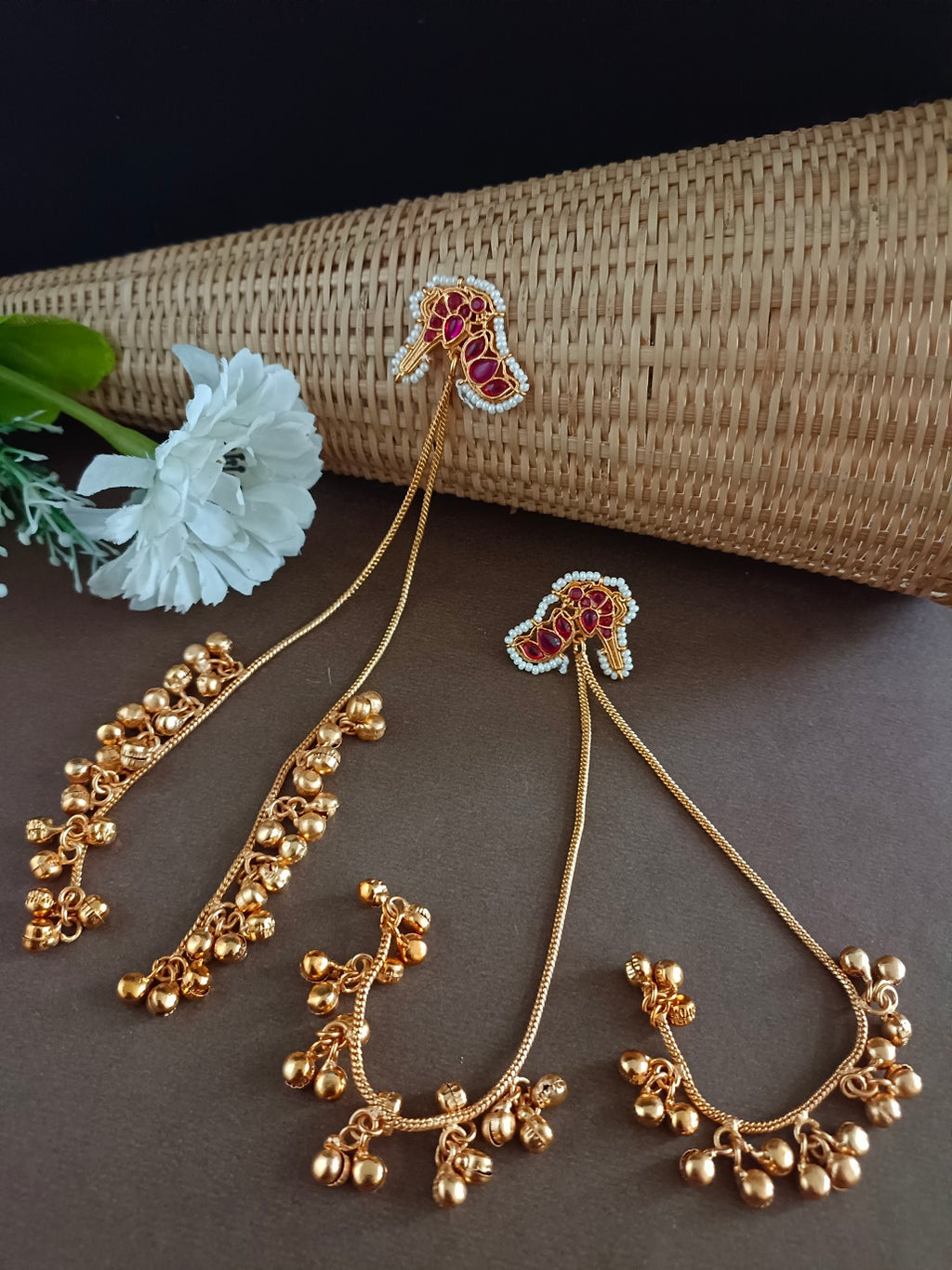 Gold-Plated Kundan Studded & Ghungroo Beaded Tasselled Peacock Kashmiri Drop Earrings