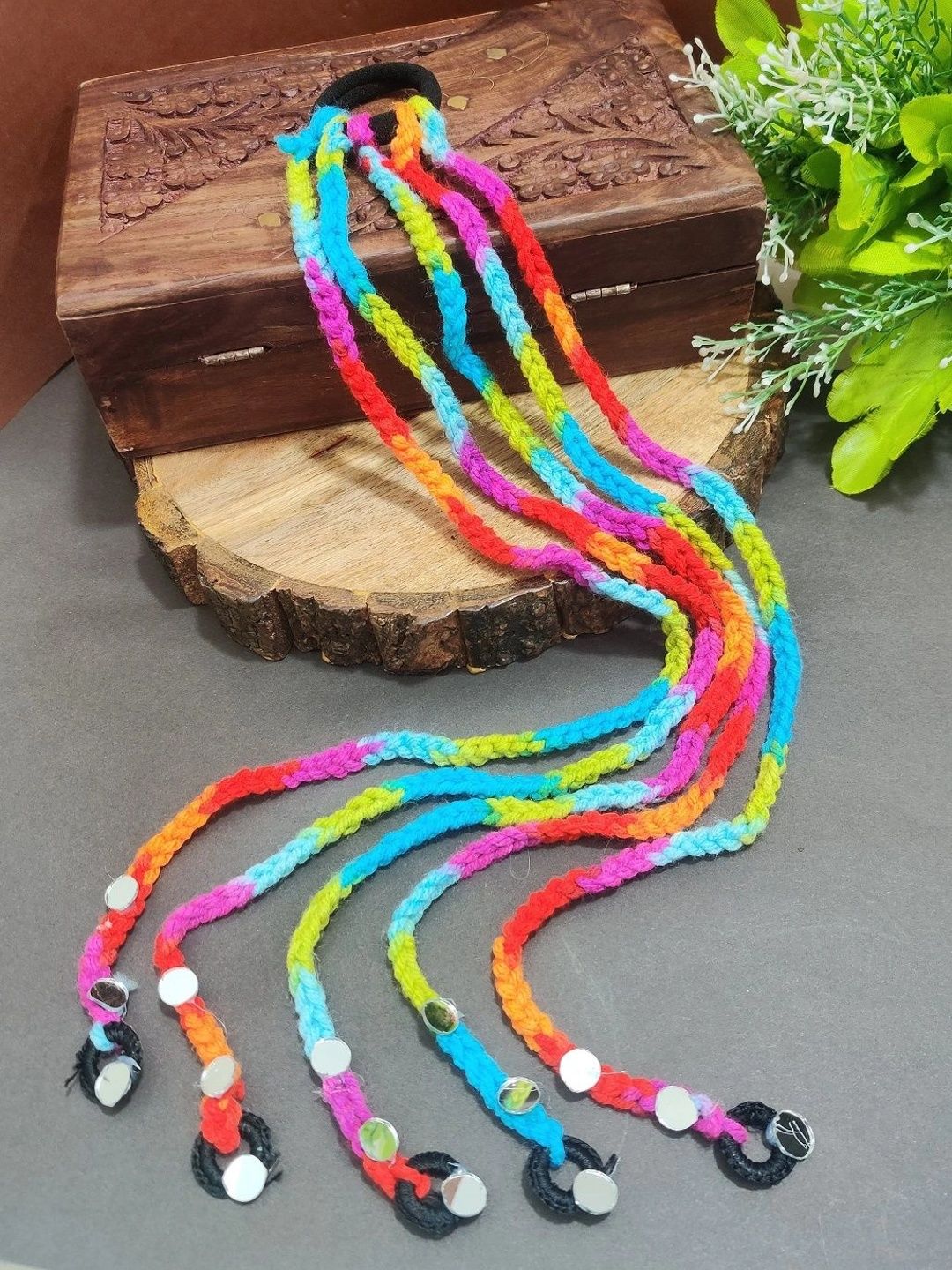 Handmade Crochet Choti Paranda Boho Hair Strings – Rainbow Pink