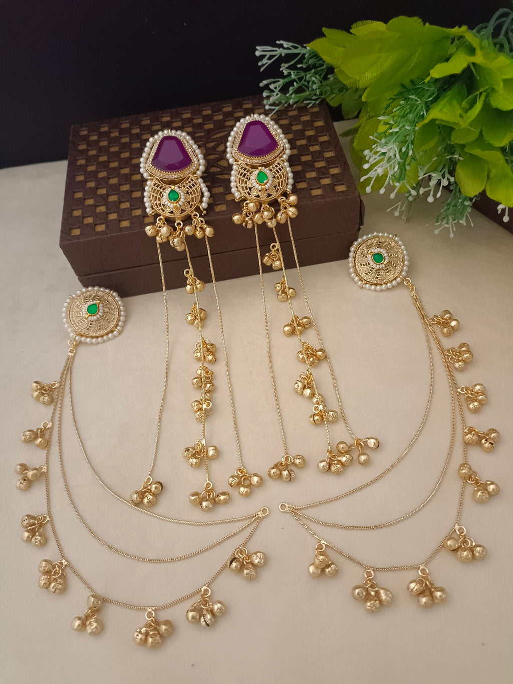 Gold-Toned Geometric Drop Earrings | Kundan, Ghungroo Beaded Kashmiri Earchains