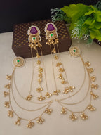 Gold-Toned Geometric Drop Earrings | Kundan, Ghungroo Beaded Kashmiri Earchains