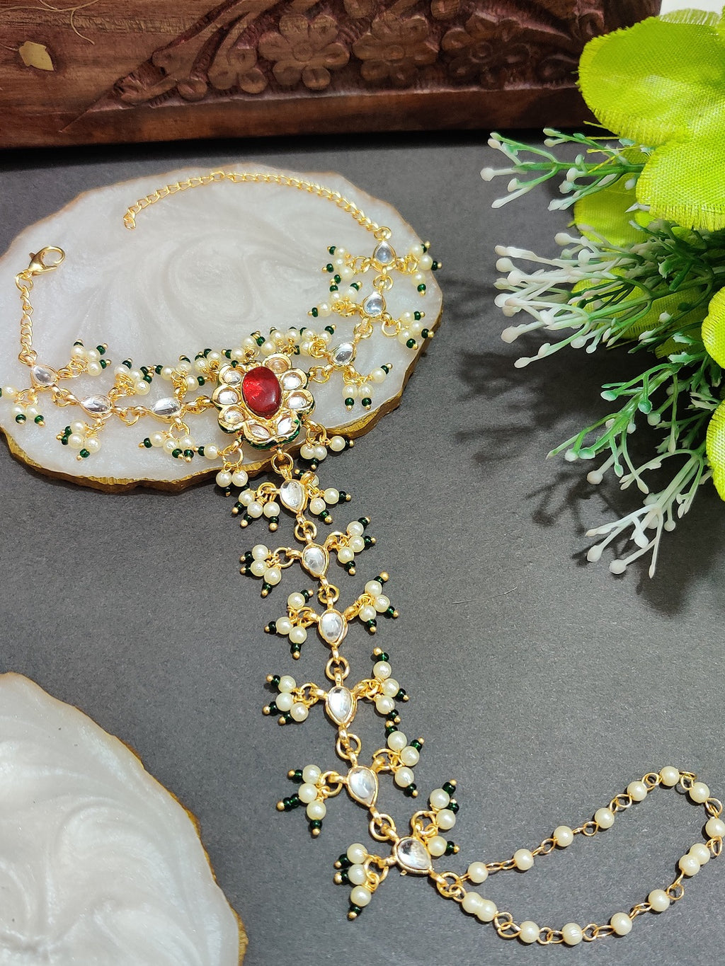 Gold-Plated Kundan Studded Meenakari Ring Hathphool Pearl Bracelets