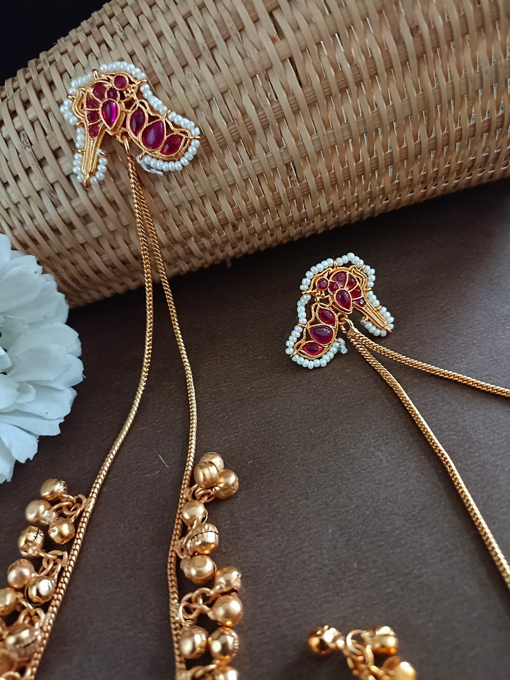 Gold-Plated Kundan Studded & Ghungroo Beaded Tasselled Peacock Kashmiri Drop Earrings