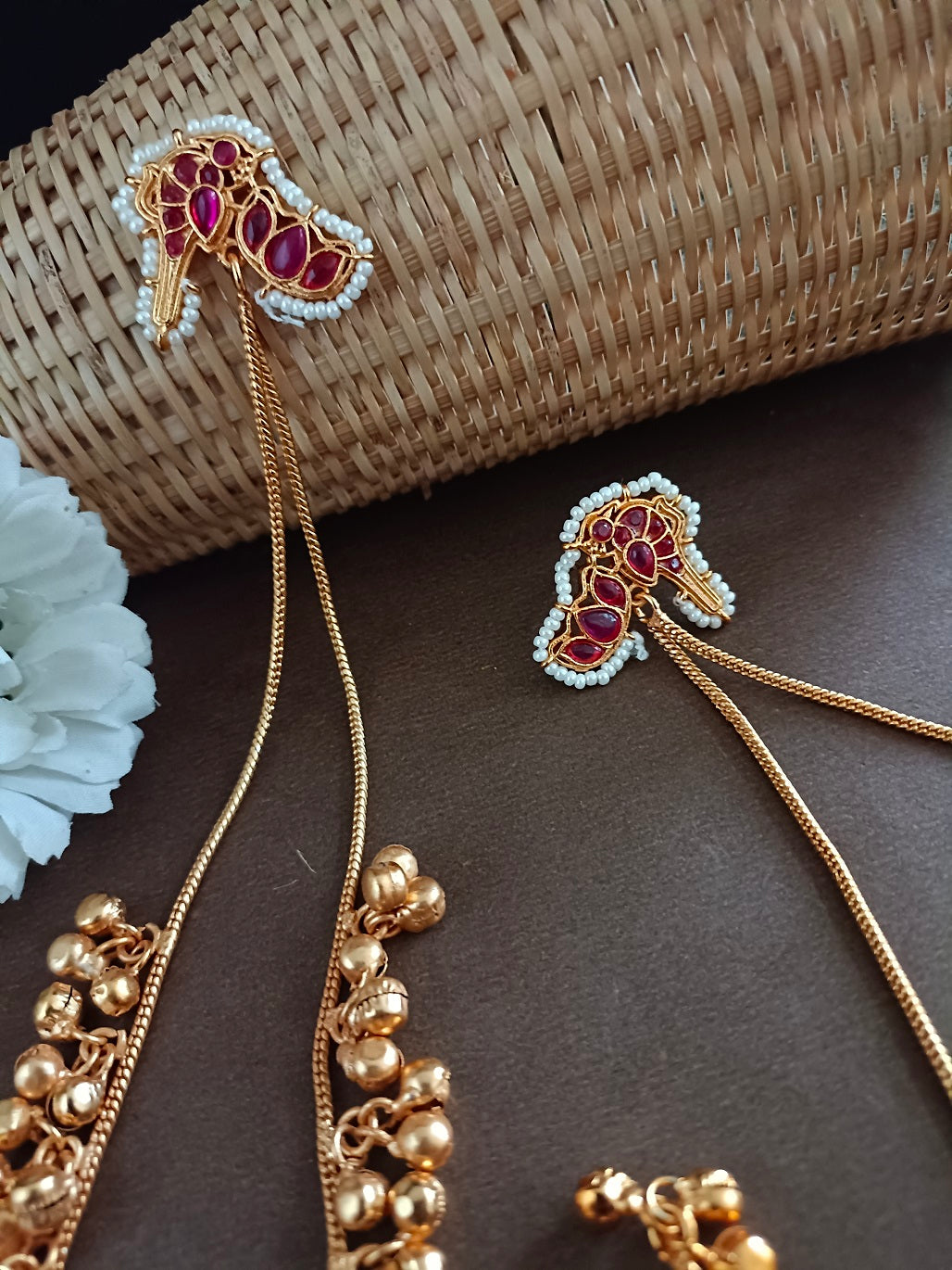 Gold-Plated Kundan Studded & Ghungroo Beaded Tasselled Peacock Kashmiri Drop Earrings