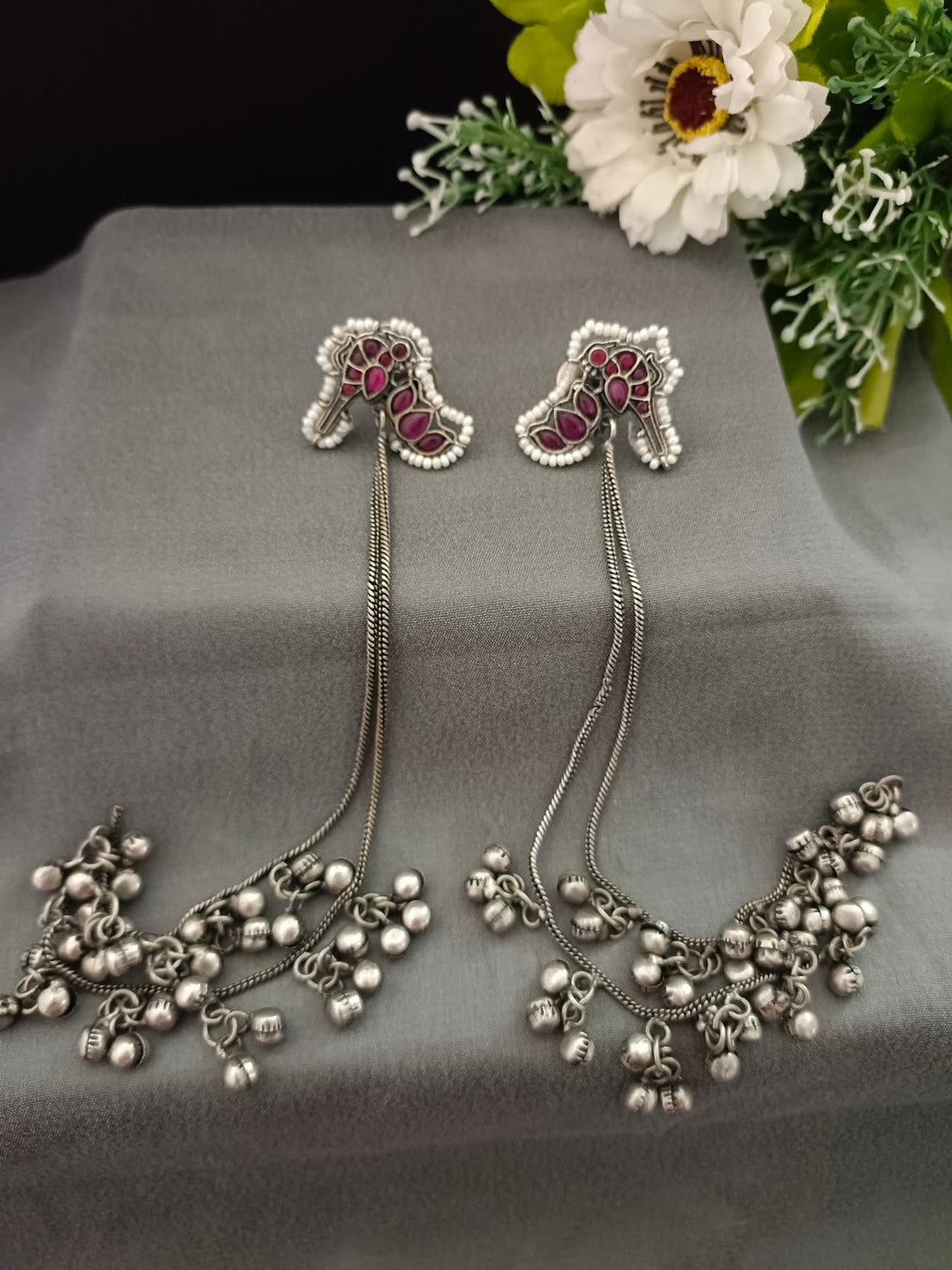 Brass-Plated Stones Studded & Ghungroo Beaded Oxidised Kashmiri Drop Earrings