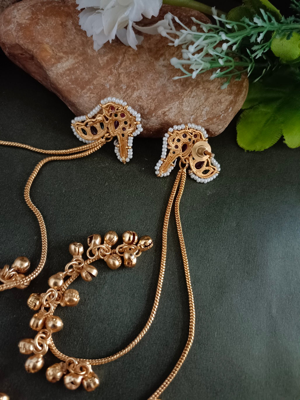 Gold-Plated Kundan Studded & Ghungroo Beaded Tasselled Peacock Drop Meenakari Earrings