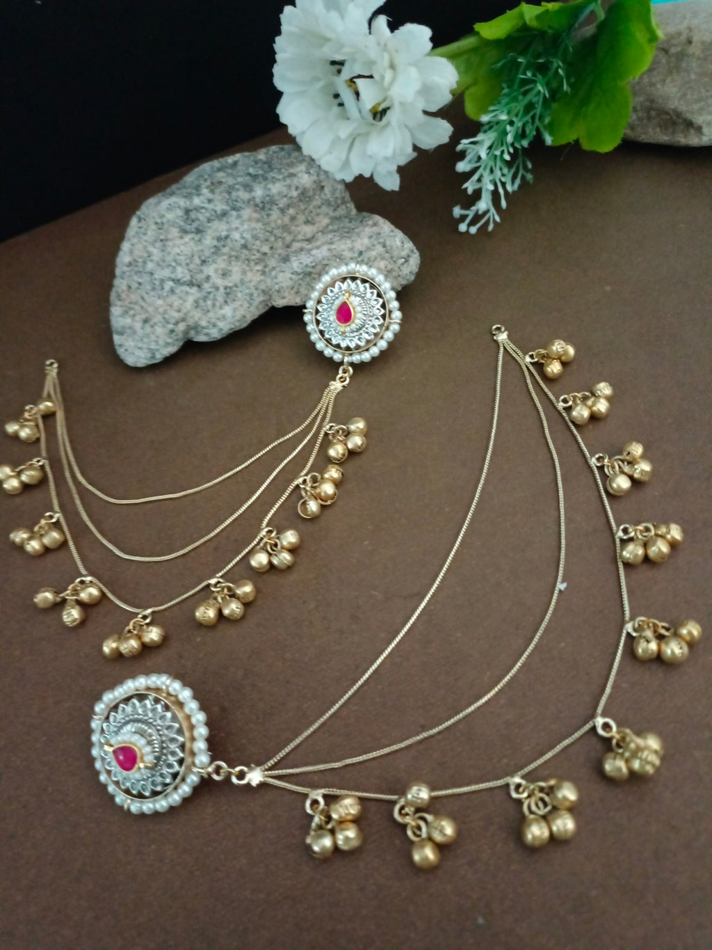 Set Of 2 Gold Plated Pachi Kundan & Ghungaroo Beaded Drop Earrings With Ear Chain