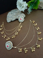 Set Of 2 Gold Plated Pachi Kundan & Ghungaroo Beaded Drop Earrings With Ear Chain