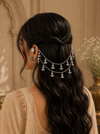 Silver-Plated Green Floral Ear Cuff Earrings with Hair Chain