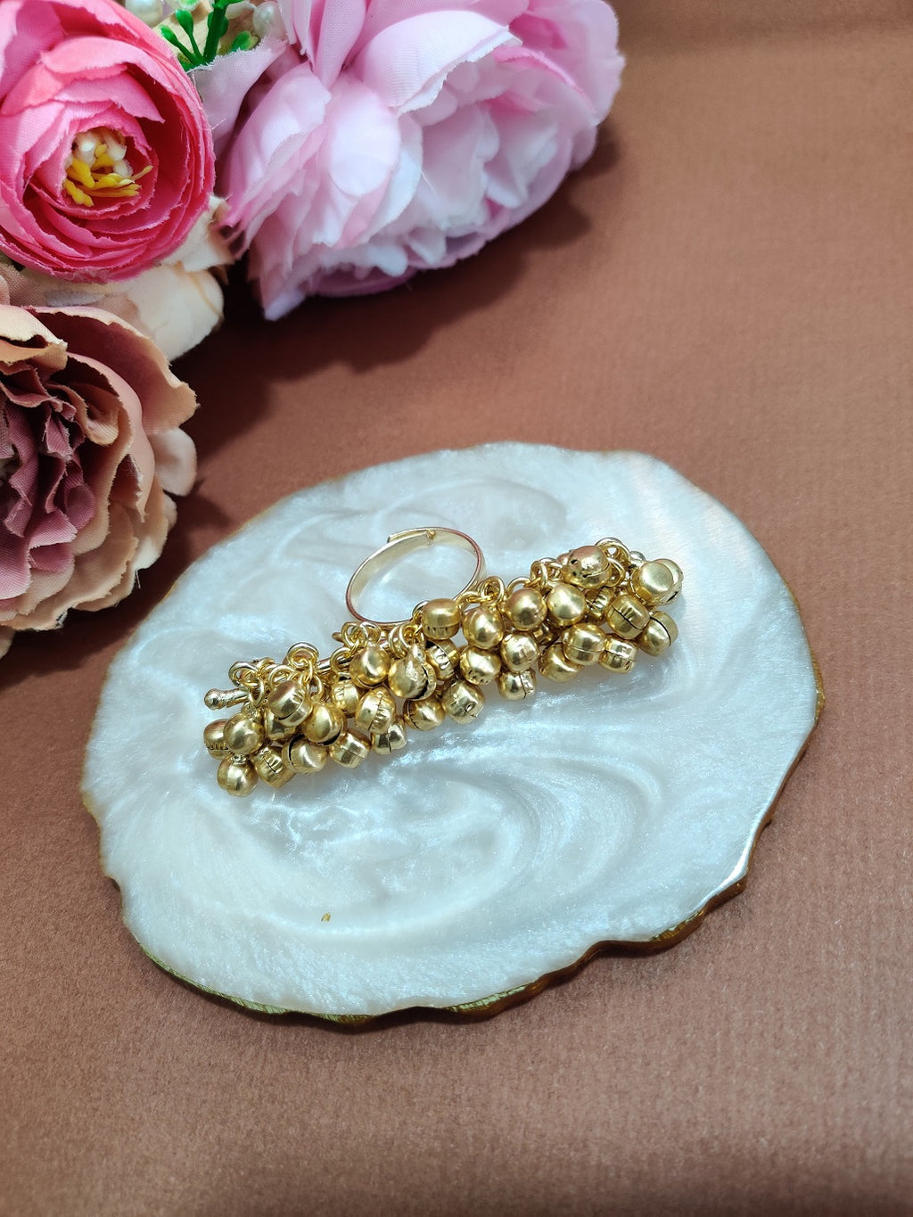 Brass -Plated Oxidised Ghungaroo Studded Adjustable Kashmiri Finger Ring