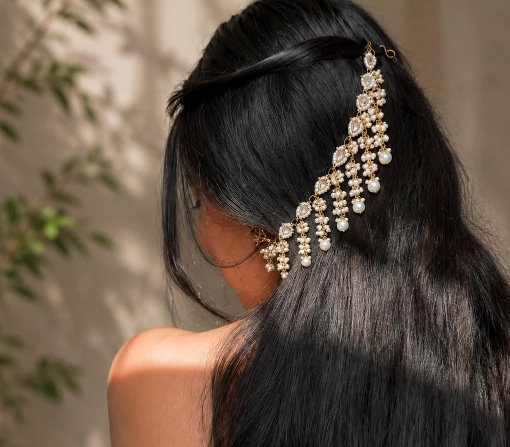 Gold-Plated Pearls Studded Layered Ear Chain With Sahara Earchain Earrings