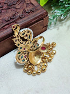 Gold-Plated Temple Stone Studded & Beaded Finger Ring