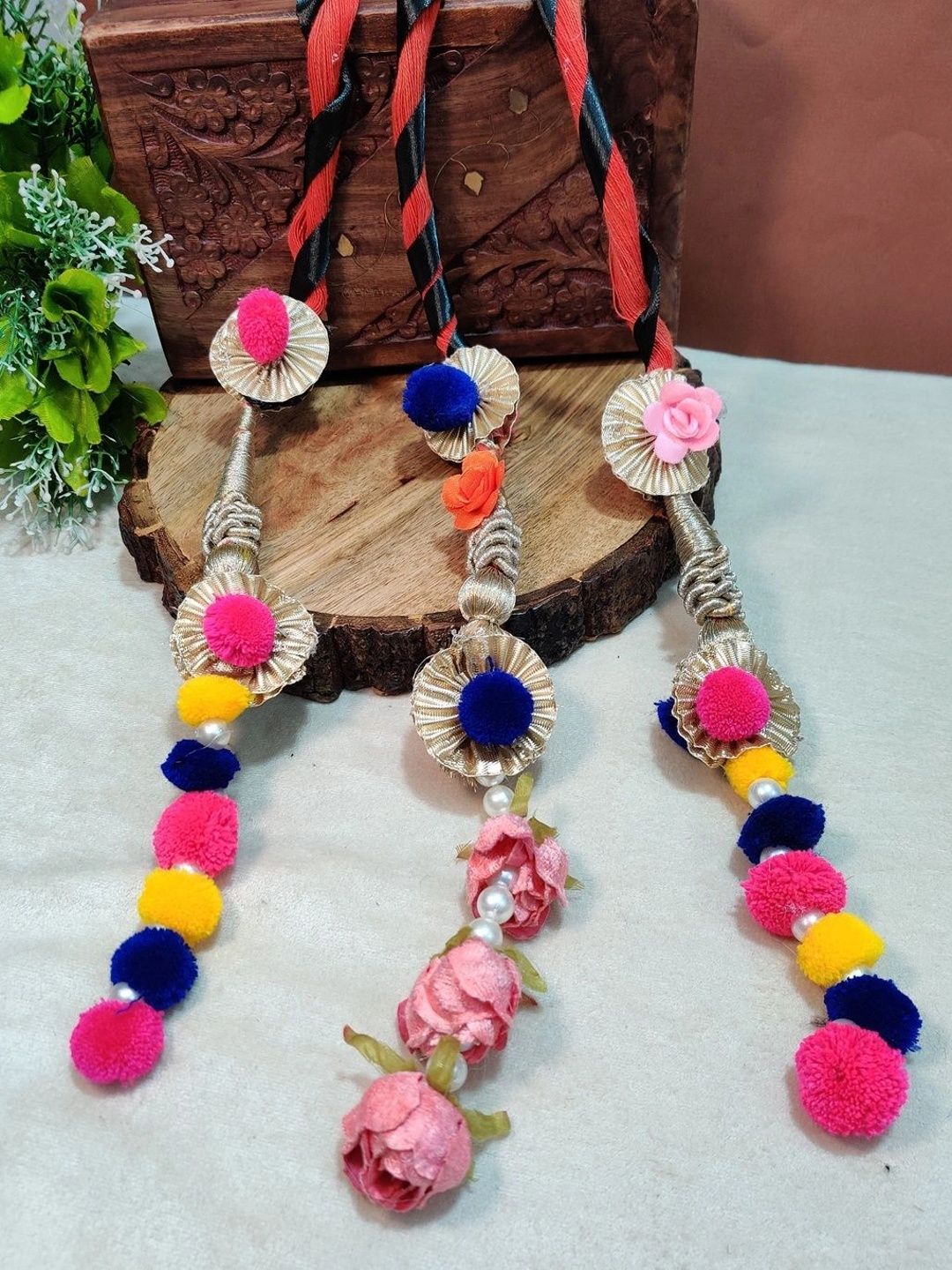 Lace & Gota Flower Punjabi Choti Paranda Ponytail Braid Holder – Multicolour