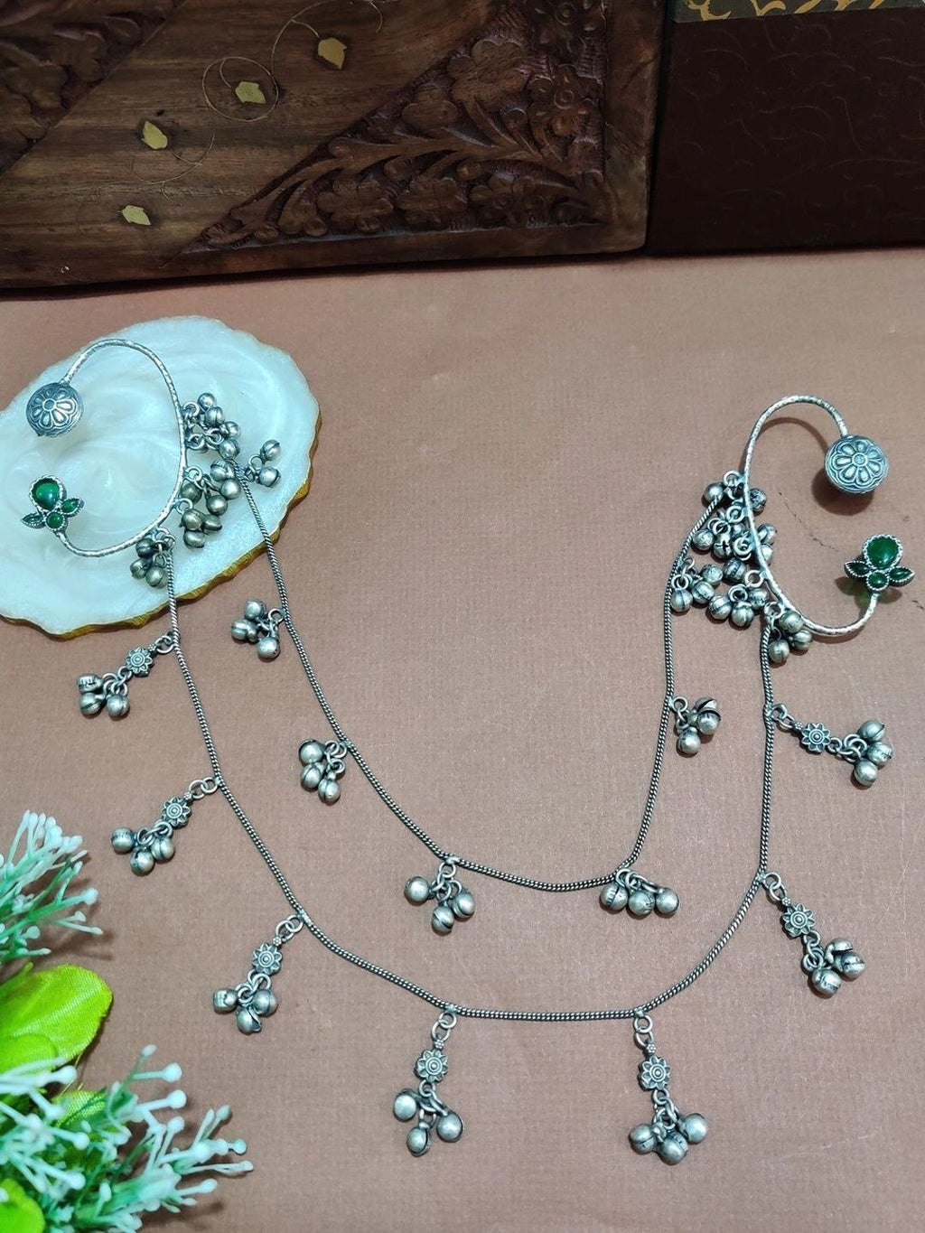 Silver-Plated Green Floral Ear Cuff Earrings with Hair Chain