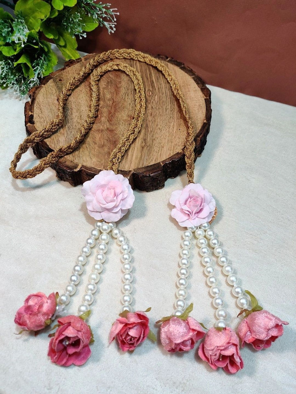 Pearl & Flower Punjabi Choti Paranda Ponytail Braid Holder – Pink