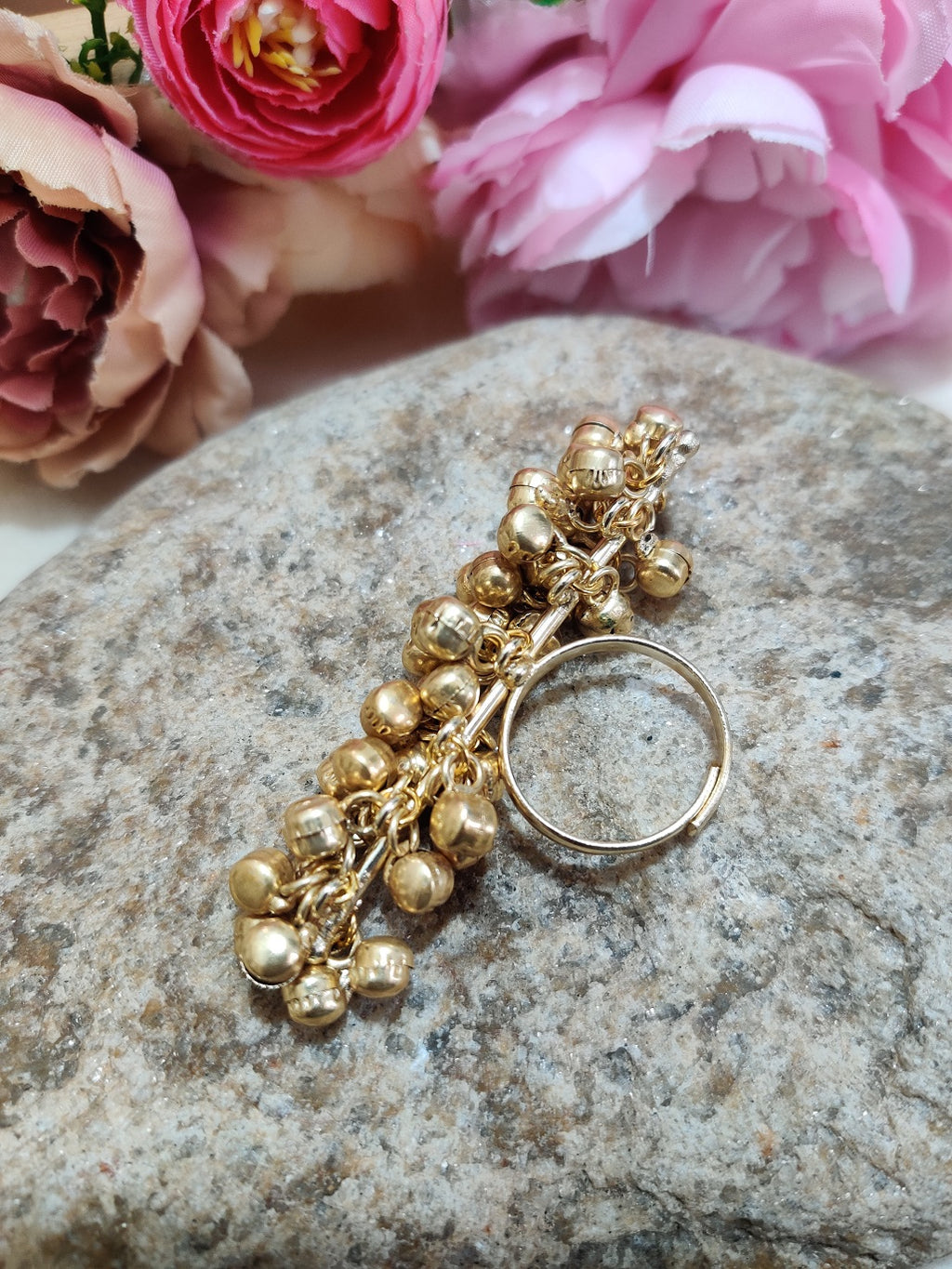 Brass -Plated Oxidised Ghungaroo Studded Adjustable Kashmiri Finger Ring