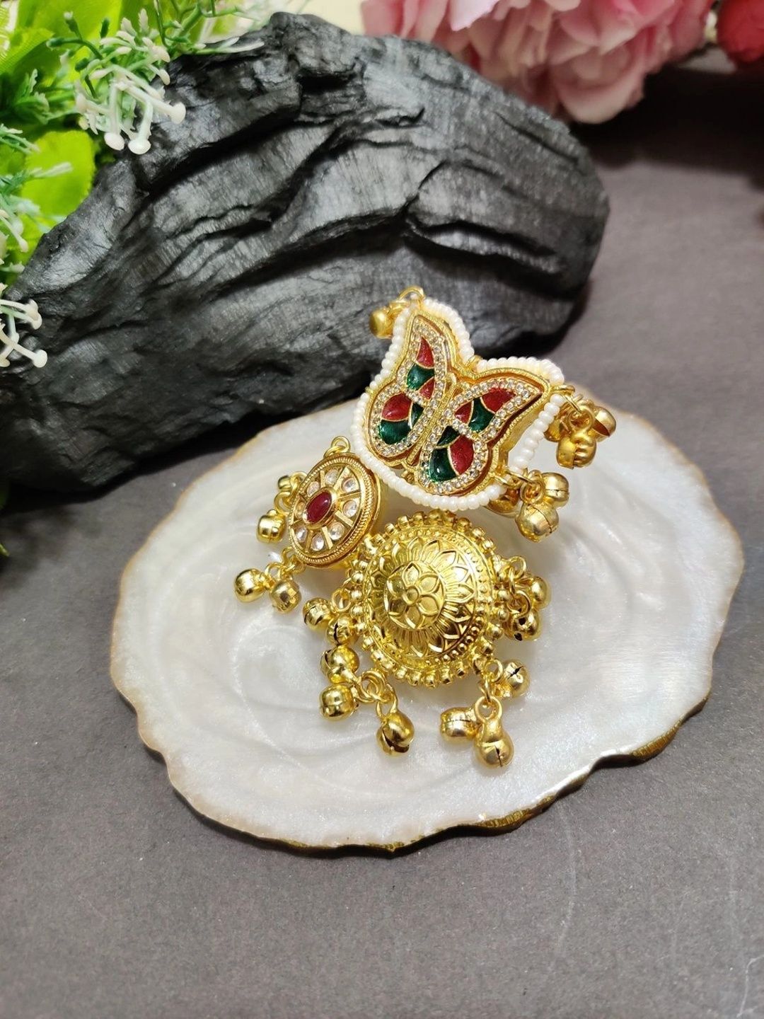 Gold-Plated Kundan Butterfly Adjustable Ghungroo Finger Ring – Multicolour