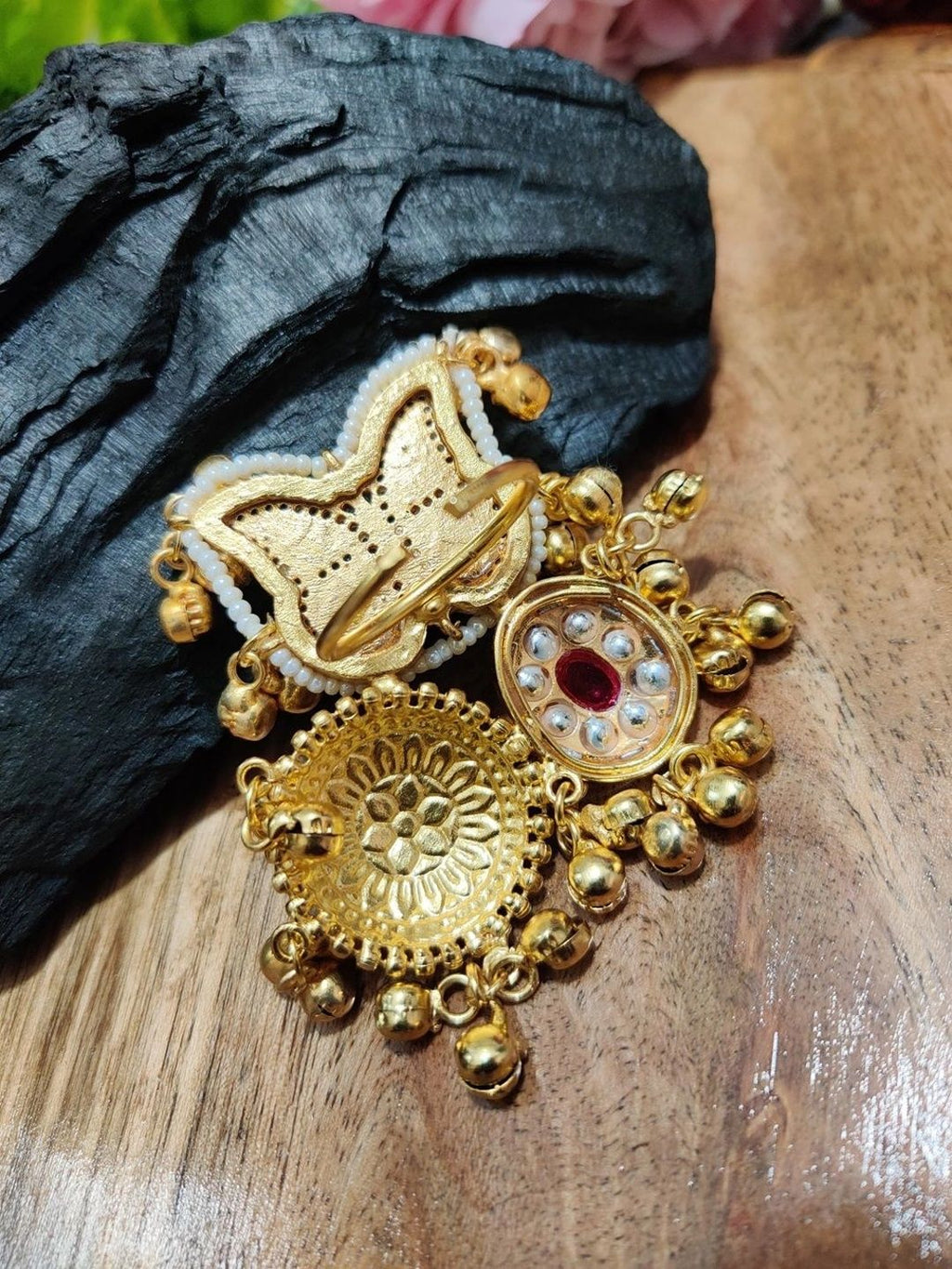 Gold-Plated Kundan Butterfly Adjustable Ghungroo Finger Ring – Multicolour