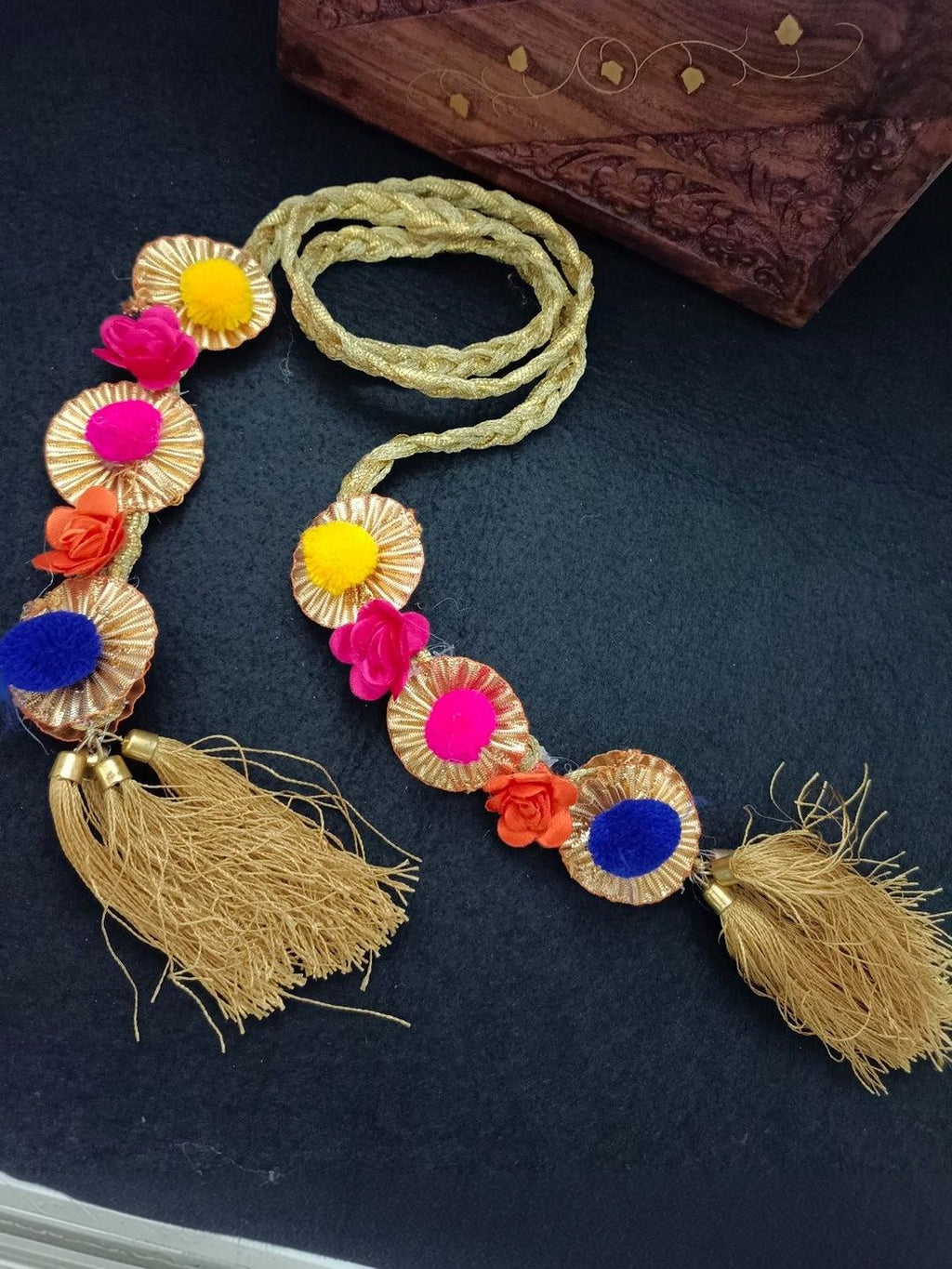 Lace & Gota Choti Paranda Ponytail Braid Holder – Gold & Multicolour Pom-Pom