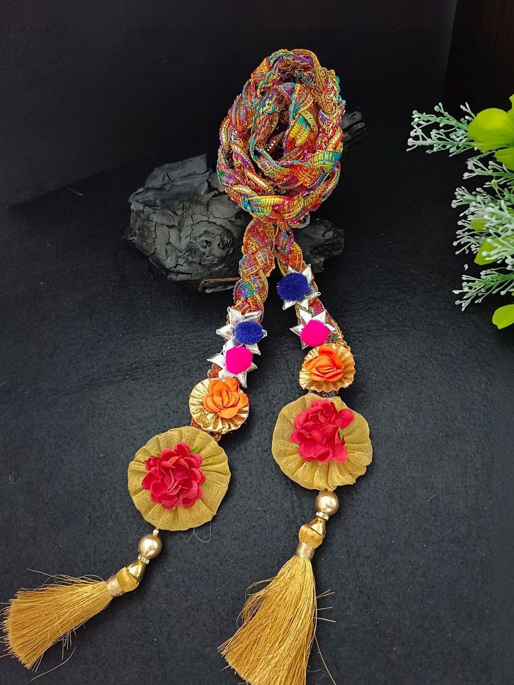 Lace & Gota Flower Punjabi Choti Paranda – Multicolour Beaded Cord