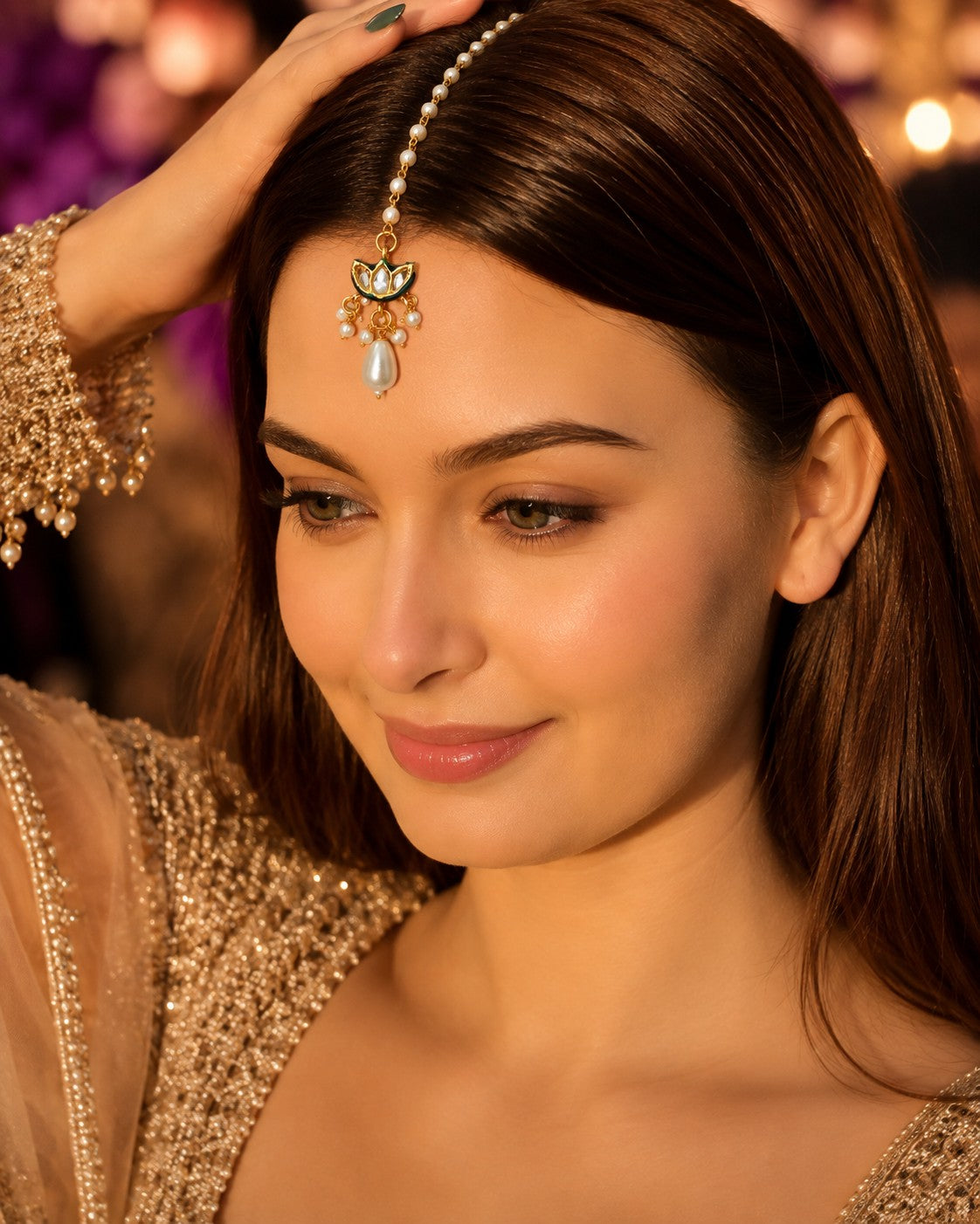 Gold Plated Kundan Studded  Pearl Drop Maang Tikka For Women Girls