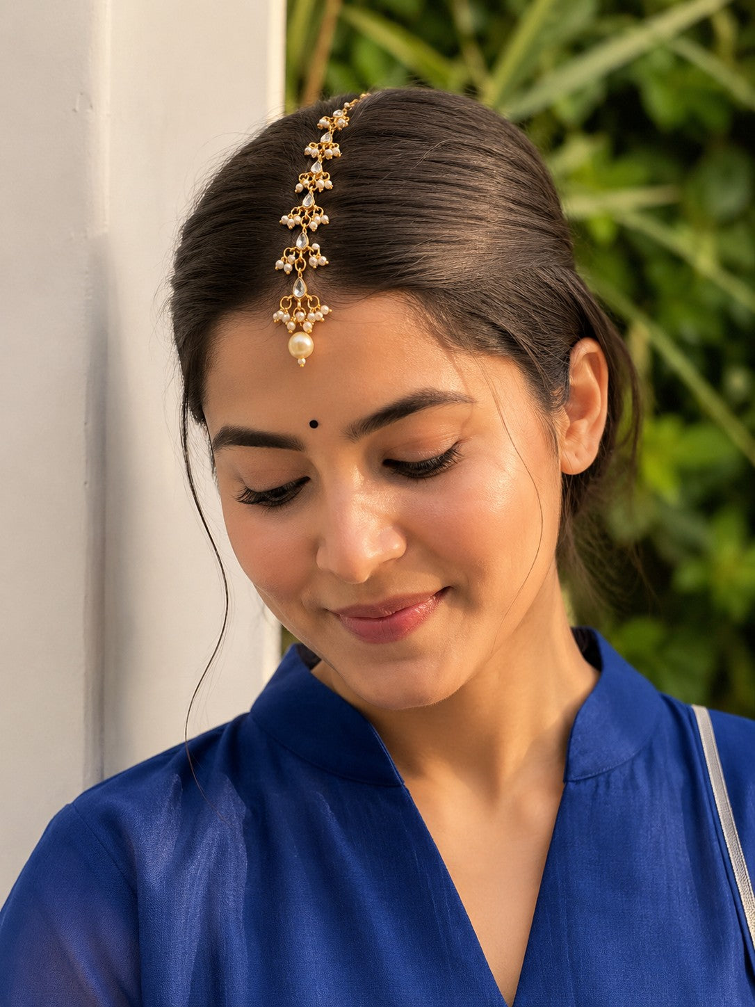 Gold Plated Kundan Studded  Kundan Drop Maang Tikka For Women Girls