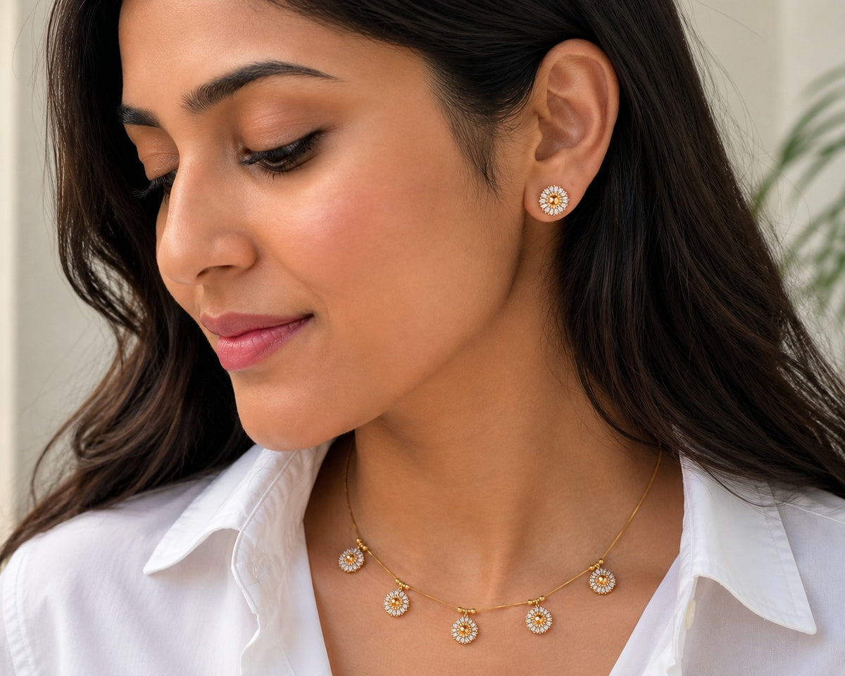 Cubic Zirconia Studded Jewellery Set: Gold-Toned Necklace & Earrings | Brass-Plated Lobster Clasp